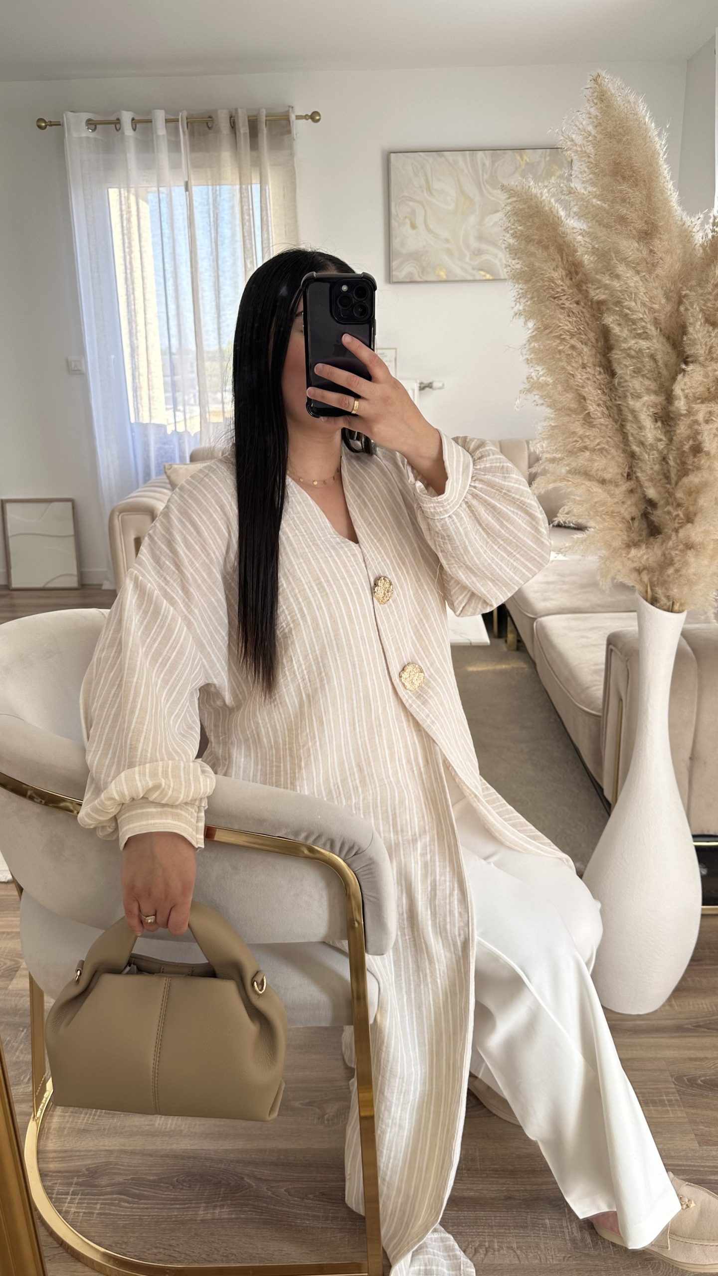 Kimono rayé bouton dorée | beige