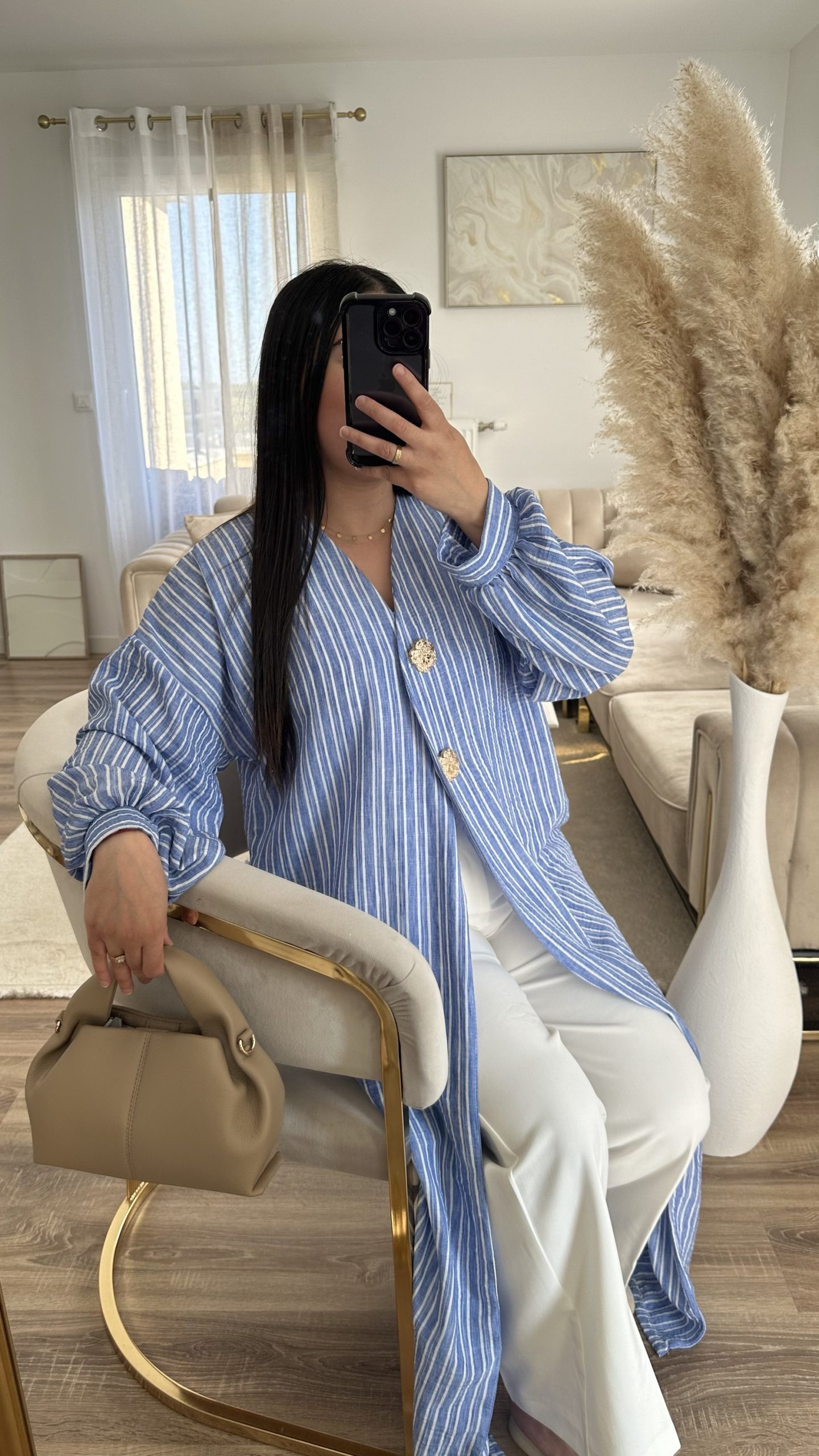 Kimono rayé bouton dorée | bleu