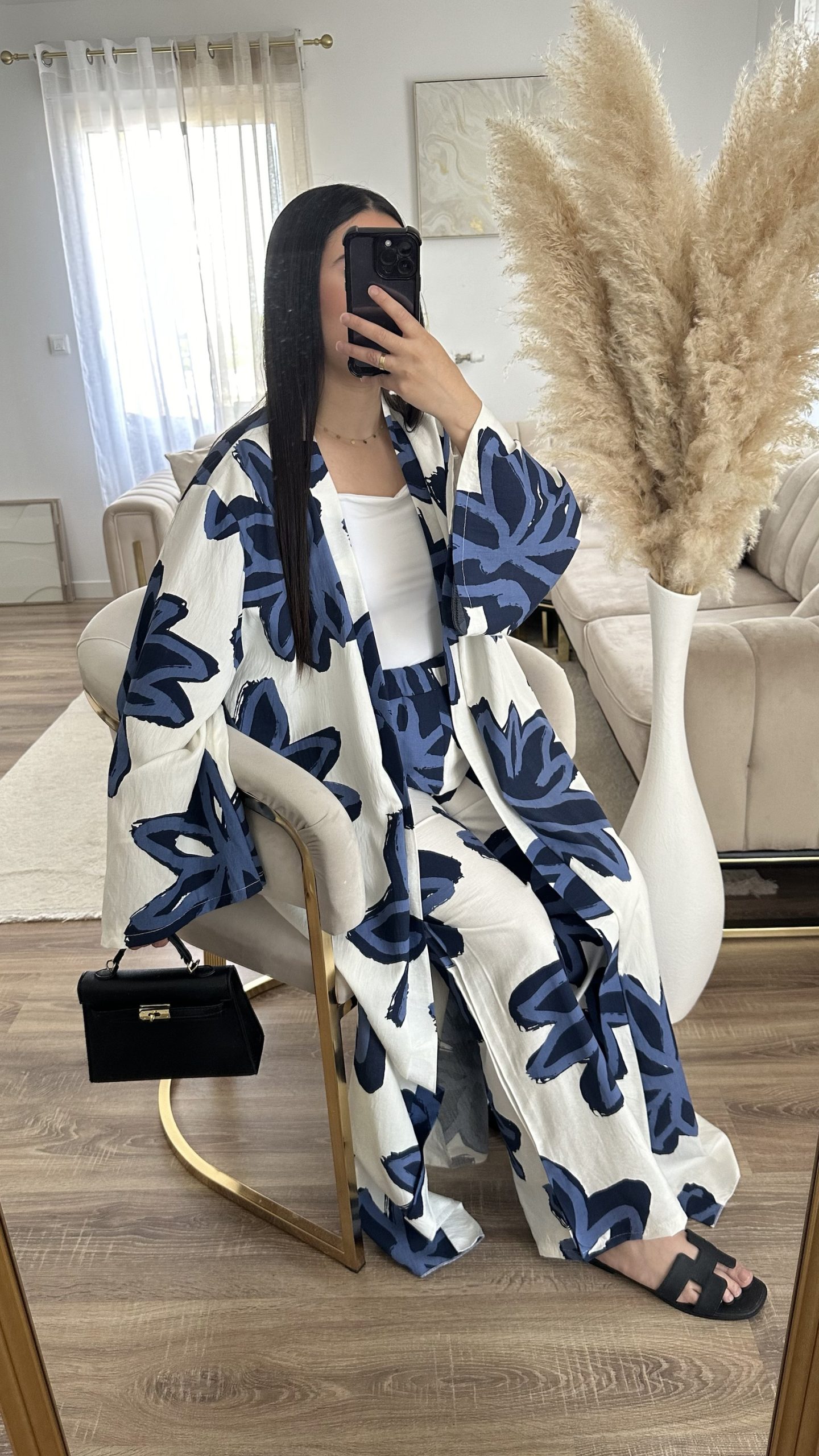 Ensemble kimono et pantalon imprimé | bleu marine