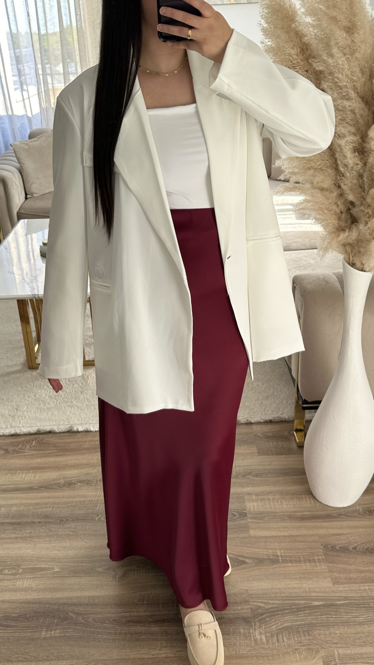 Jupe satinée longue | bordeaux