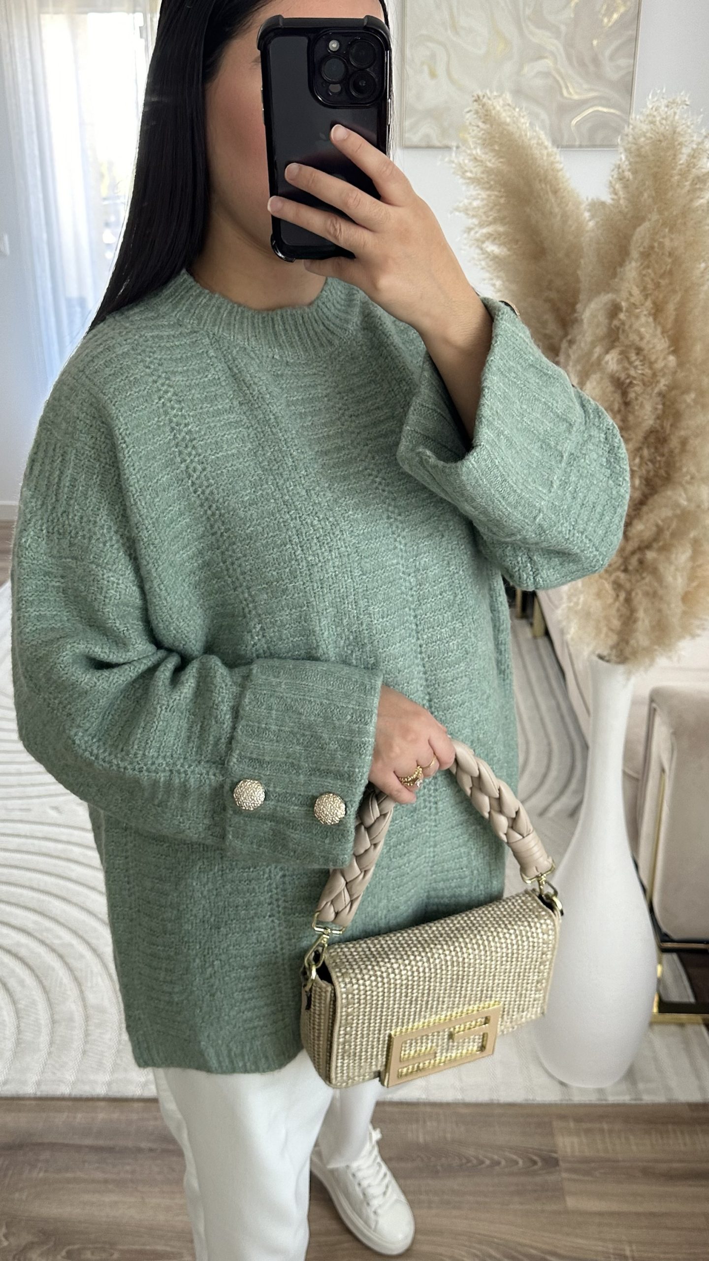 Pull détails manche dorée | vert d’eau