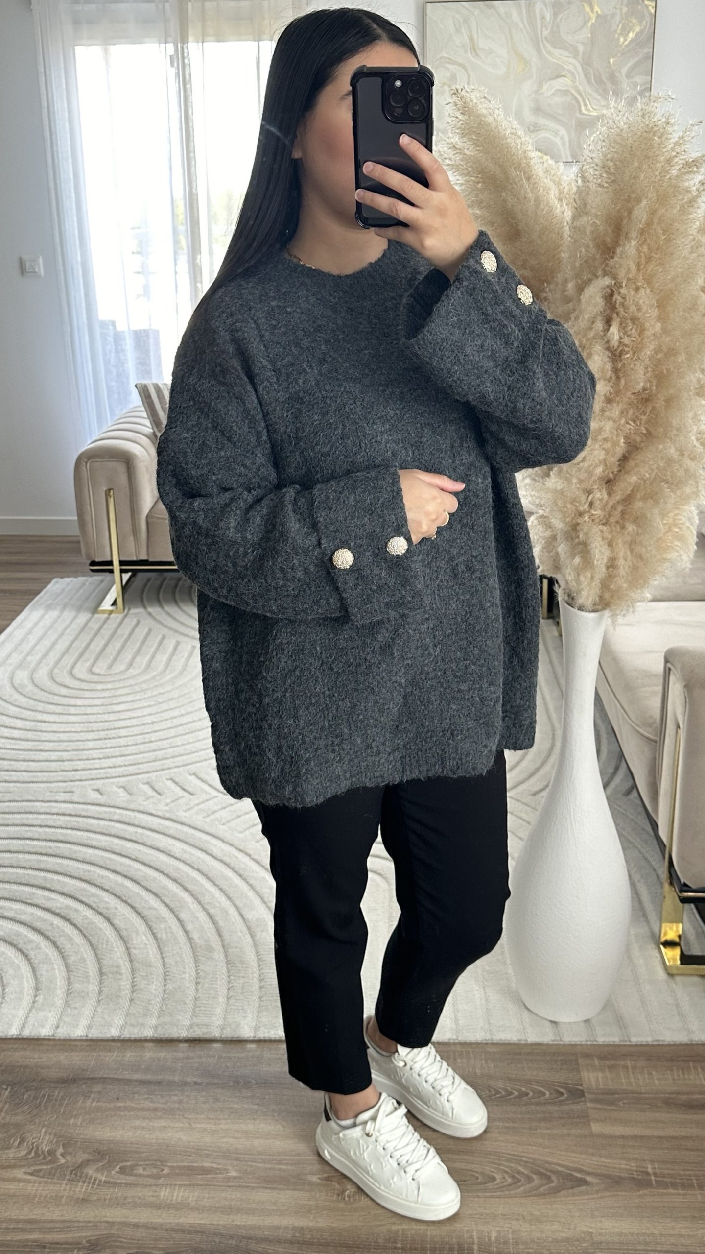 Pull détails manche dorée | gris foncée